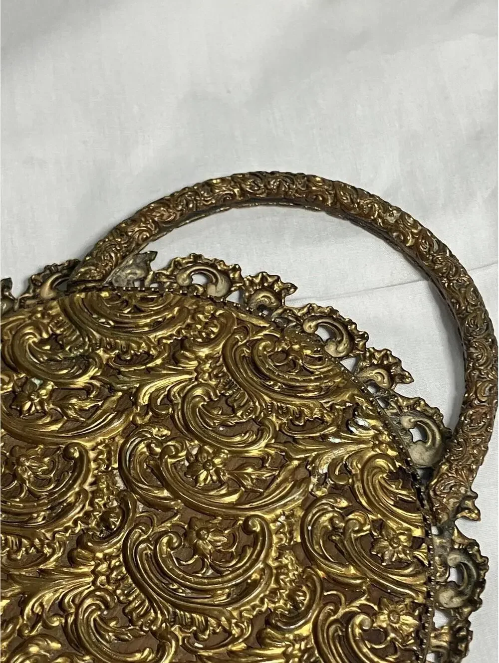 Vintage Brass Vanity Mirror Tray Round Ornate Handle